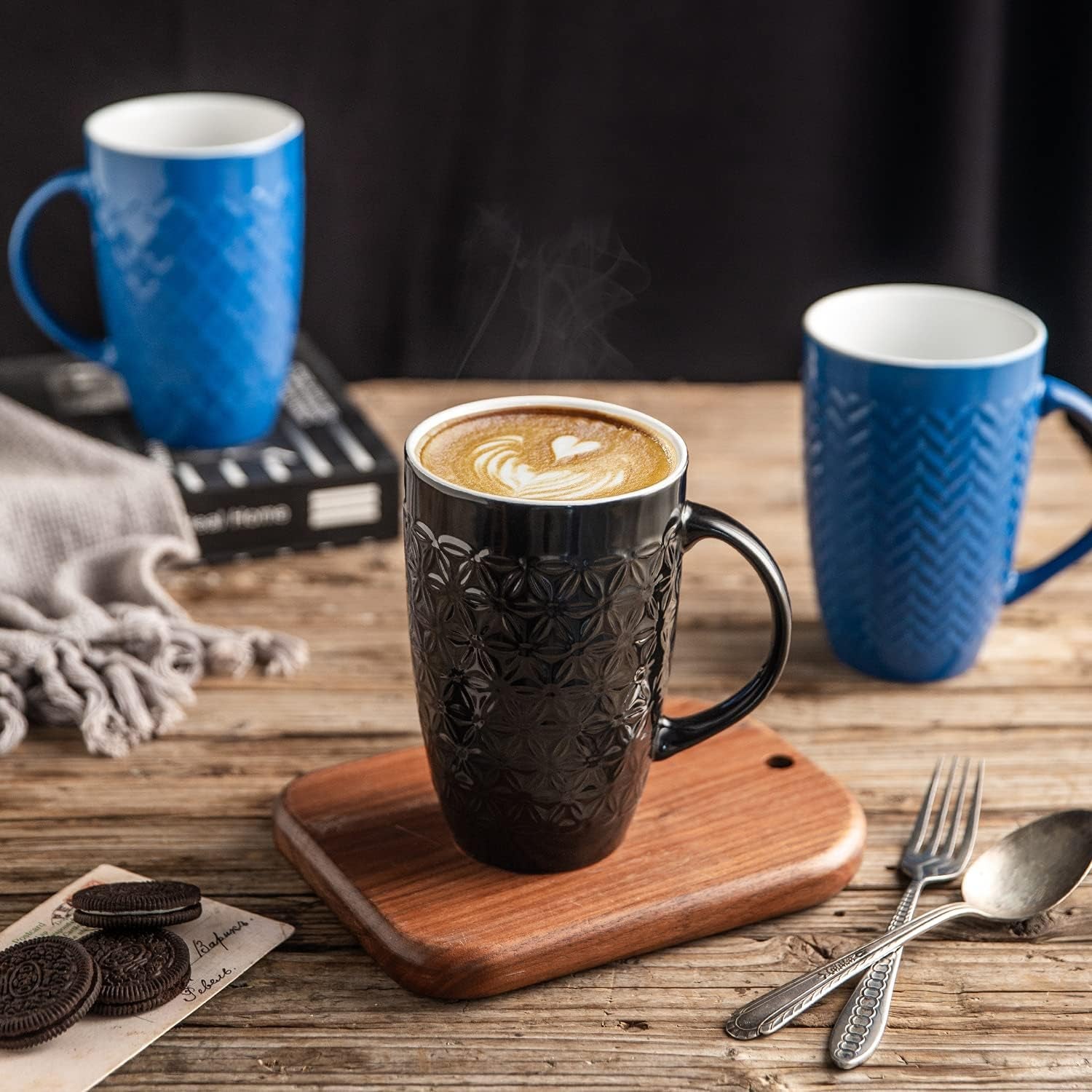 Large Coffee Mugs Set of 6, 20Oz Ceramic Tall Coffee Mugs Set with Textured Geometric Patterns for Latte/Tea/Beer/Hot Cocoa, Dishwasher & Microwave Safe, Multi