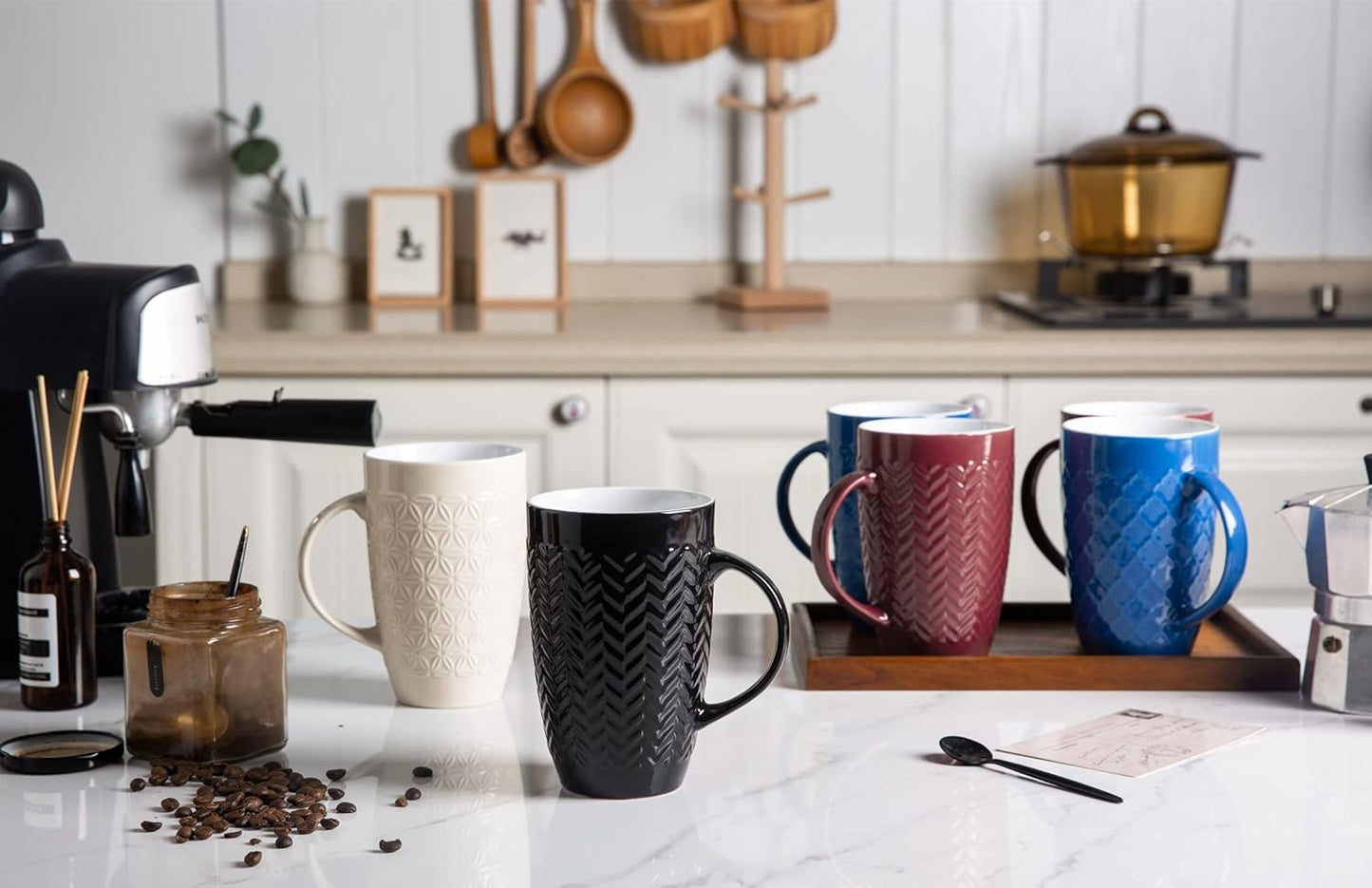 Large Coffee Mugs Set of 6, 20Oz Ceramic Tall Coffee Mugs Set with Textured Geometric Patterns for Latte/Tea/Beer/Hot Cocoa, Dishwasher & Microwave Safe, Multi