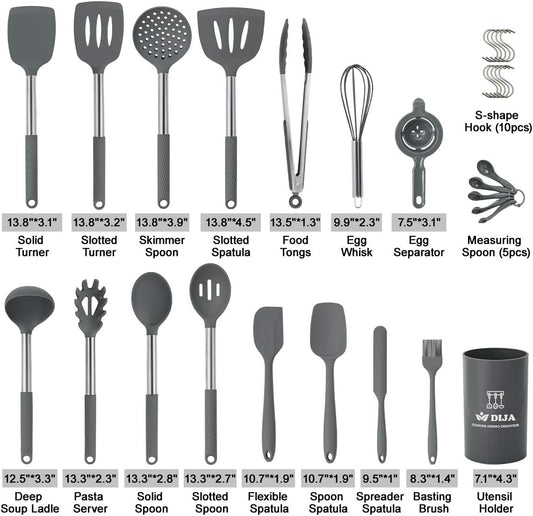 Cooking Utensils Set, Kitchen Utensils 31Pcs Cooking Utensils Set, Heat Resistant Non-Stick Silicone Kitchen Spatula Set with Stainless Steel Handle - Gray (BPA Free, Non Toxic)