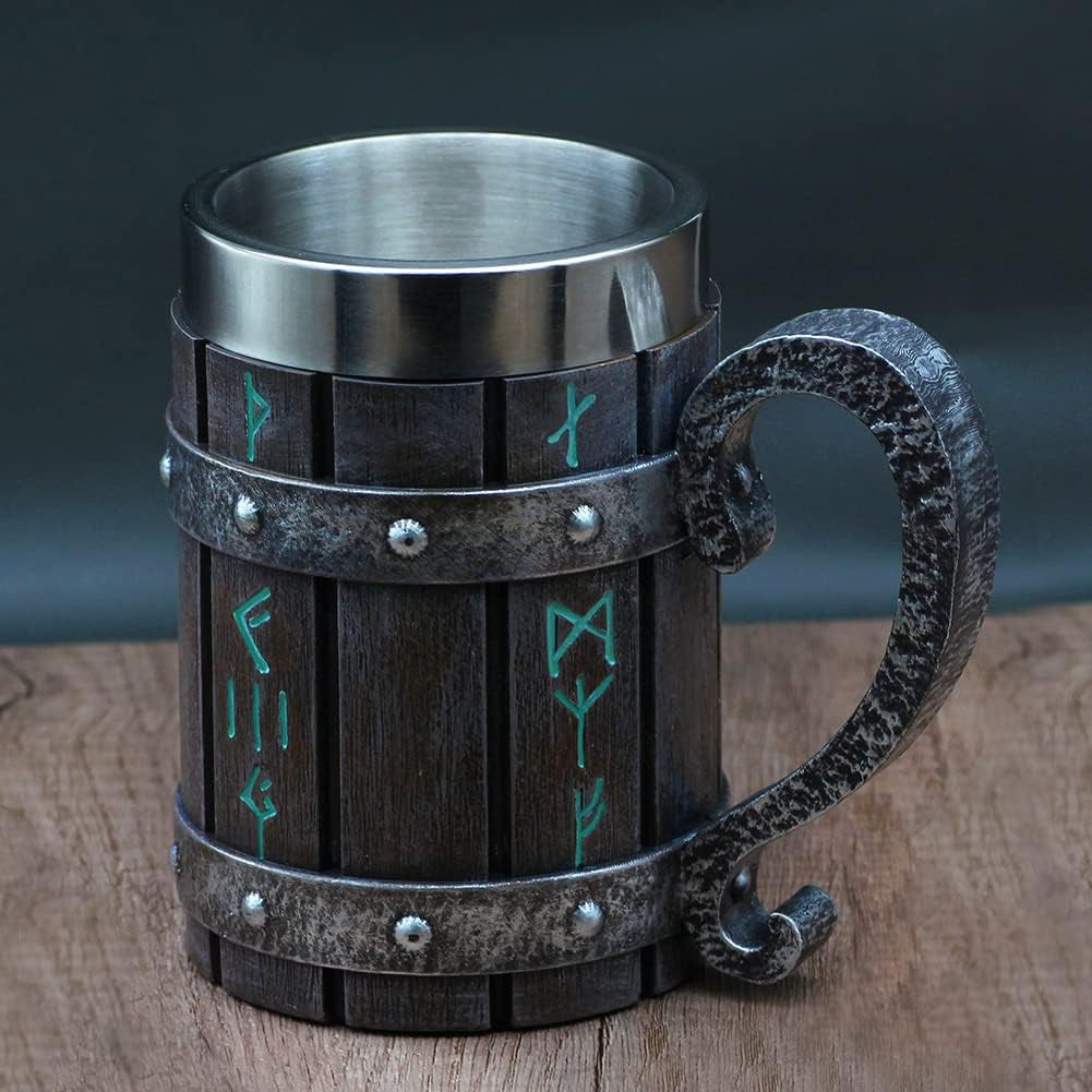 Norse Decor Stainless Steel Wooden Viking Coffee Cool Mug Viking Gift for Men Beer Cup Stein