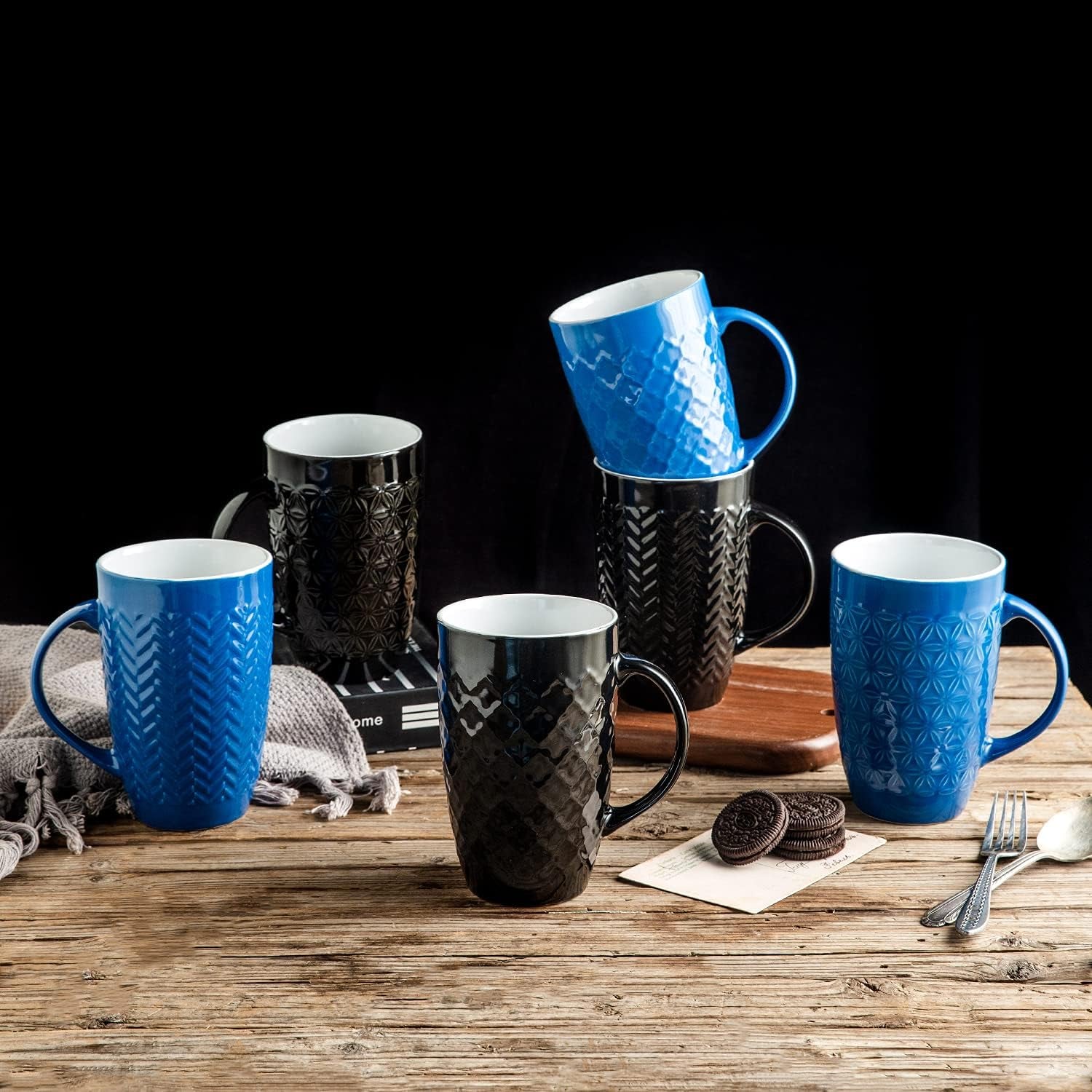 Large Coffee Mugs Set of 6, 20Oz Ceramic Tall Coffee Mugs Set with Textured Geometric Patterns for Latte/Tea/Beer/Hot Cocoa, Dishwasher & Microwave Safe, Multi