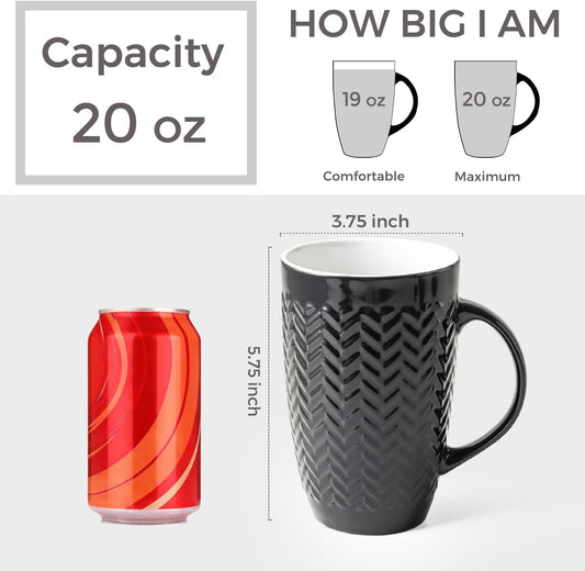Large Coffee Mugs Set of 6, 20Oz Ceramic Tall Coffee Mugs Set with Textured Geometric Patterns for Latte/Tea/Beer/Hot Cocoa, Dishwasher & Microwave Safe, Multi