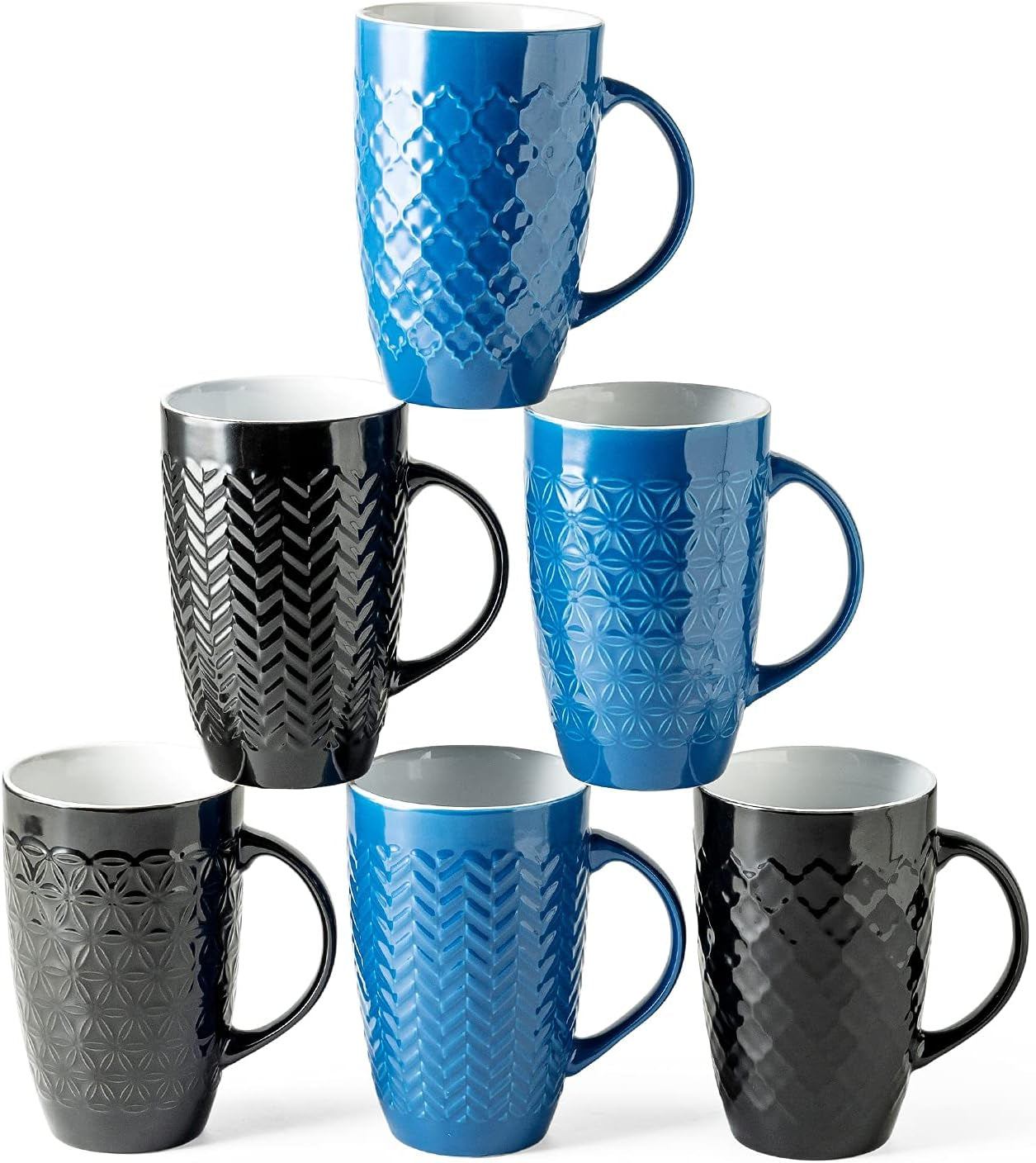 Large Coffee Mugs Set of 6, 20Oz Ceramic Tall Coffee Mugs Set with Textured Geometric Patterns for Latte/Tea/Beer/Hot Cocoa, Dishwasher & Microwave Safe, Multi